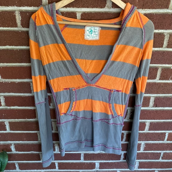 Free People Orange & Grey Striped Long sleeve w/ Oversized Hood Size XS - Picture 12 of 14